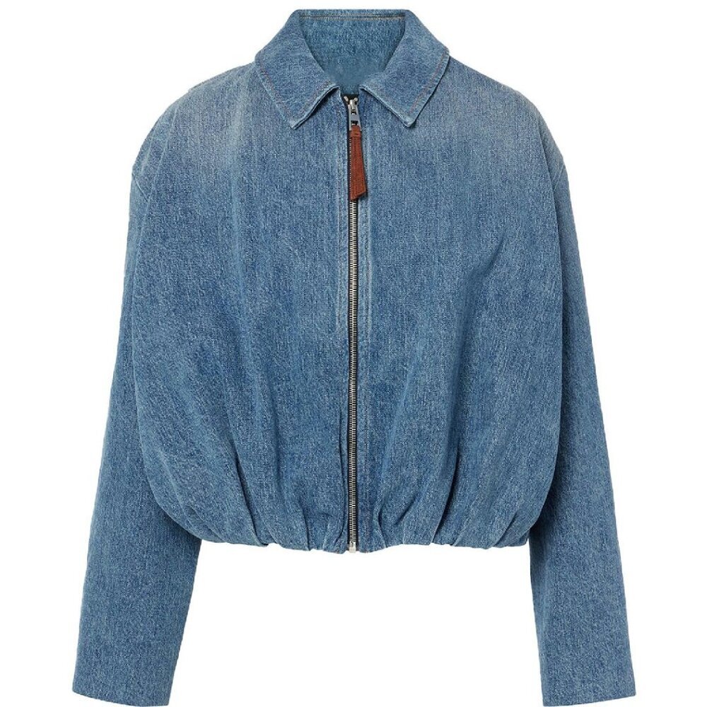 Denim Bomber Jacket Zip Up Draped Loose Fit Collared Casual Lightweight